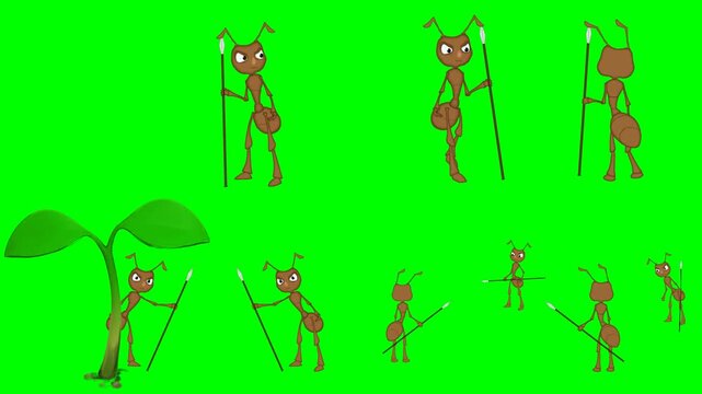 Warrior ant insects holding spears, standing around a green plant animations 2d animated cartoon on green screen chroma key background. high quality loop cycle vector illustration animation