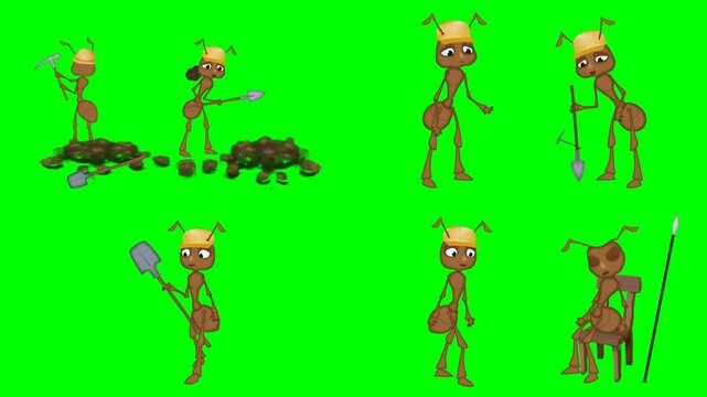 Ants working hard with a shovel, digging in the soil dirt ground. animations 2d animated cartoon on green screen chroma key background. high quality loop cycle vector illustration animation