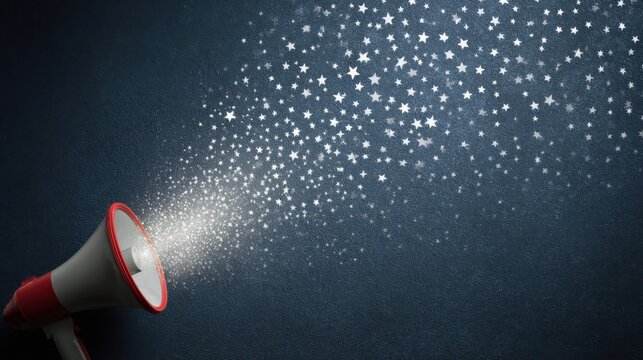 A conceptual image showing a megaphone emitting particles that resemble stars against a dark background, representing an announcement or broadcast.