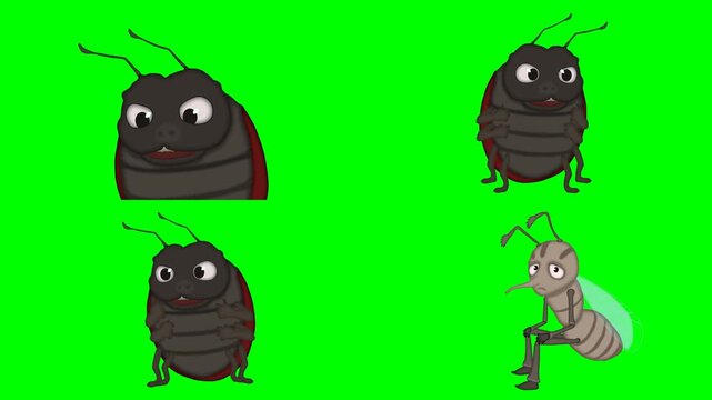 Big fat black bugs and small walking ants with happy smiling face animations 2d animated cartoon on green screen chroma key background. high quality loop cycle vector illustration animation