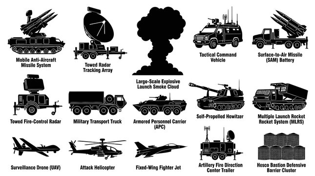 Military Army Defense Weapons, Vehicles, Equipment Black  White Vector Silhouette Icons Set