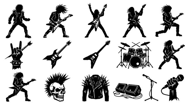 Rock Music Heavy Metal Silhouette Icons Set: Guitarists, Drum Kit, Instruments, Punk Skull, Hand Gesture, and Band Gear Glyphs