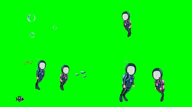 Scuba diving people swimming underwater with breathing bubbles in oceans 2d animated cartoon on green screen chroma key background. high quality loop cycle vector illustration animation