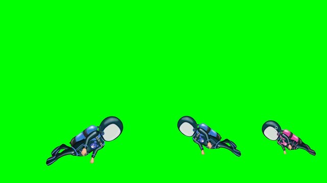 Top views of scuba divers swimming and exploring underwater environments 2d animated cartoon on green screen chroma key background. high quality loop cycle vector illustration animation