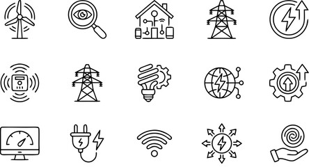 Sustainable Energy and Smart Grid Technology Line Icon Set Featuring Wind Turbines Power Grids and Global Electricity Management © MdMojnu
