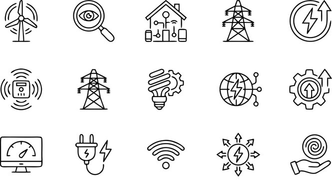 Sustainable Energy and Smart Grid Technology Line Icon Set Featuring Wind Turbines Power Grids and Global Electricity Management