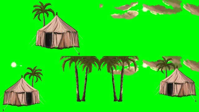 Traditional desert tents and taller green palm trees blowing in the wind 2d animated cartoon on green screen chroma key background. high quality loop cycle vector illustration animation