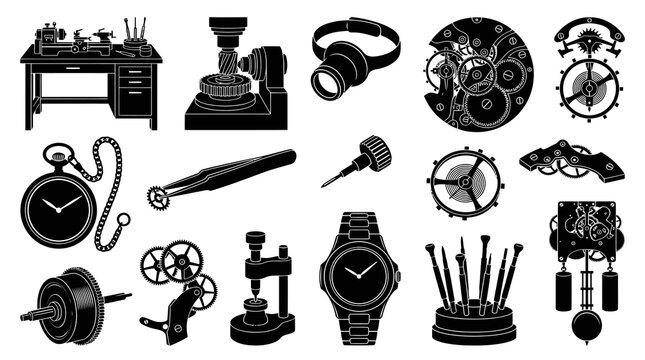 Watchmaker Tools  Clockwork Gears - Black  White Glyph Icons