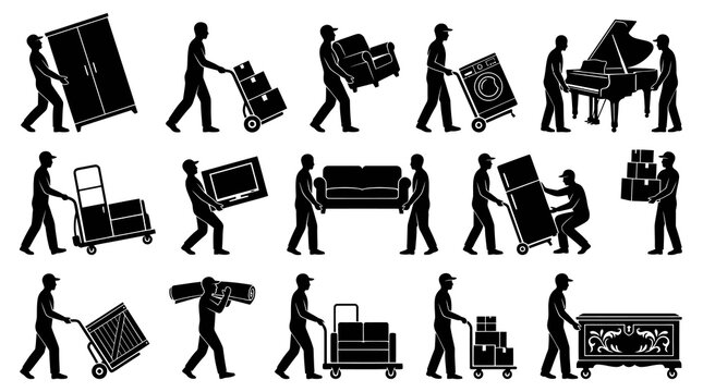 Moving Service Icons: Black and White Silhouettes of Movers Handling Furniture, Appliances, and Boxes with Hand Trucks
