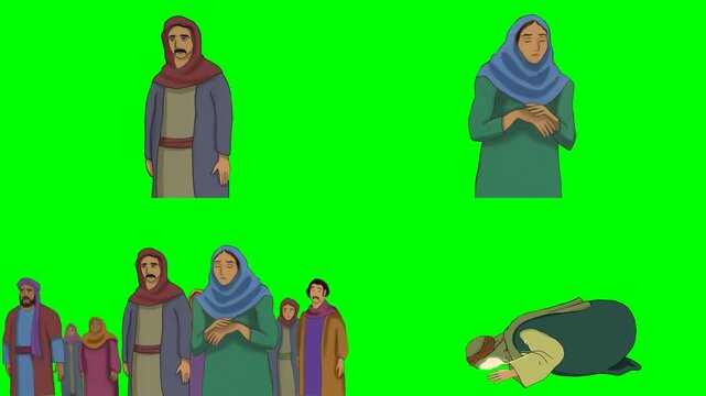 Historical religious figures praying and walking together in big society 2d animated cartoon on green screen chroma key background. high quality loop cycle vector illustration animation