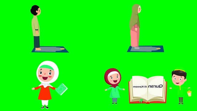 Little muslim kids holding the holy qurans and adults praying on carpets 2d animated cartoon on green screen chroma key background. high quality loop cycle vector illustration animation