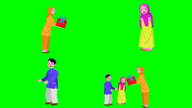 Happy islamic family members holding gifts and celebrating the festivals 2d animated cartoon on green screen chroma key background. high quality loop cycle vector illustration animation