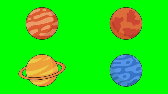 Four bright red mars planets and deep blue neptune space universe globes 2d animated cartoon on green screen chroma key background. high quality loop cycle vector illustration animation