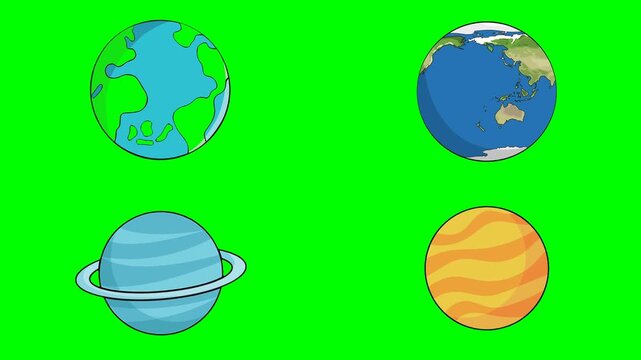 Rotating planets earth globes and colourful ringed saturn space elements 2d animated cartoon on green screen chroma key background. high quality loop cycle vector illustration animation