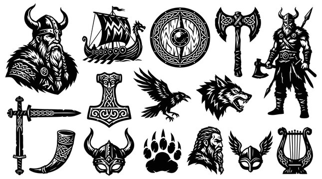 Viking Warrior Icons: Axe, Shield, Ship, Raven, Wolf, and Thor Hammer Art