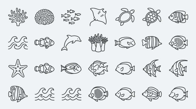 Cute Ocean Life Icons: Coral, Fish, Dolphin, Turtle, Starfish, Waves, Stingray - Hand Drawn