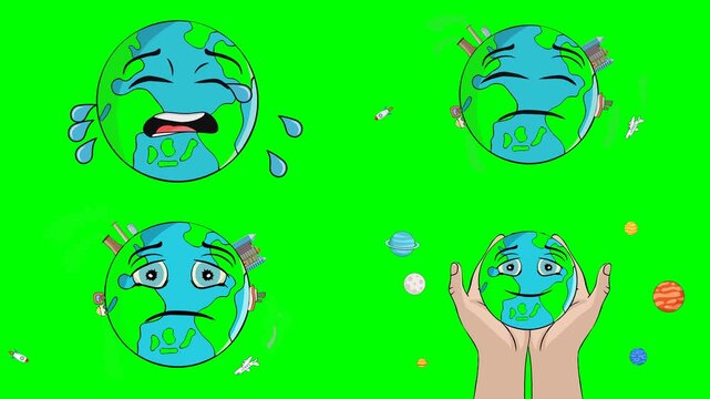 Sad crying earths globes and human hands protecting our planet ecosystem 2d animated cartoon on green screen chroma key background. high quality loop cycle vector illustration animation