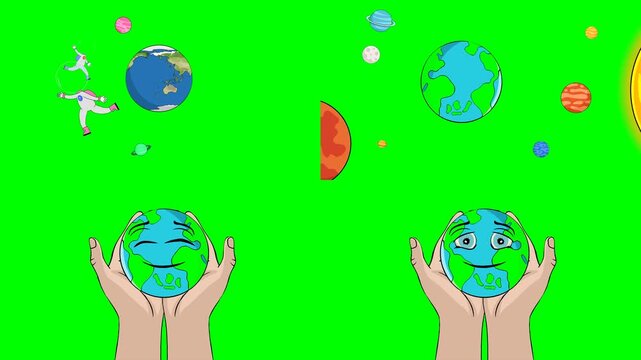 Human hands holding sad crying earth and a knife stabbing a planet globe 2d animated cartoon on green screen chroma key background. high quality loop cycle vector illustration animation