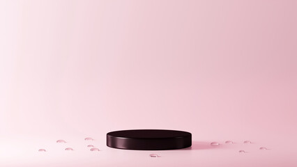Isolated Black glossy podium placed on Ballet Slipper colored background with water drops around it © jayed