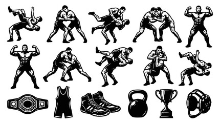 Fototapeta premium Black and White Wrestling Icons: Athletes, Gear, and Trophies
