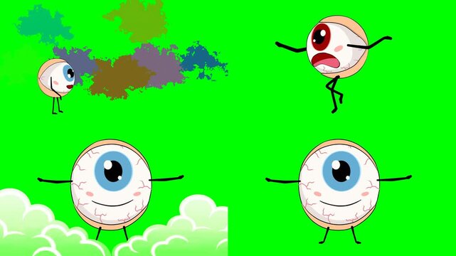 Crazy cartoon eyeballs running fast and red veined eyes above the clouds 2d animated cartoon on green screen chroma key background. high quality loop cycle vector illustration animation