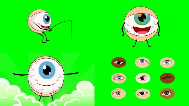 Happy cartoon eyeball fishing and a grid showing human eye colored pupil 2d animated cartoon on green screen chroma key background. high quality loop cycle vector illustration animation