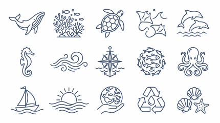 Obraz premium Ocean Life Icons: Whale, Turtle, Dolphin, Seahorse, Octopus, Marine Animals, Nautical, Nature