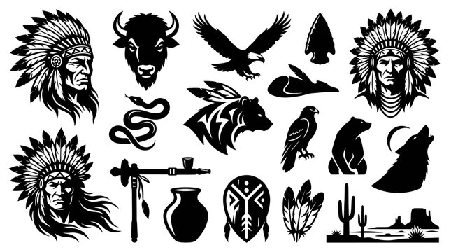 Native American Culture Vector Glyphs Set: Indigenous Chiefs, Tribal Animals, Western Symbols  Silhouettes