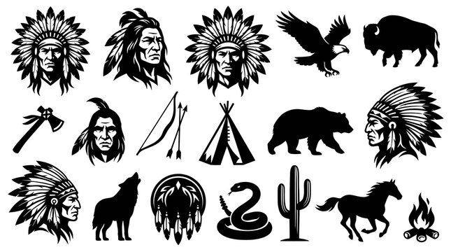 Native American Culture  Wild West Silhouette Vector Icon Set: Chiefs, Indigenous Symbols, and Tribal Animals