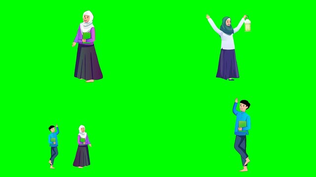 Happy excited muslim people cheering and a man raising his hands up high 2d animated cartoon on green screen chroma key background. high quality loop cycle vector illustration animation