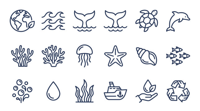 Ocean Life Icons: Earth, Waves, Whale Tails, Turtle, Dolphin, Coral, Jellyfish, Starfish, Seashell, Fish, Bubbles, Water Drop, Seaweed, Ship, Hand, Recycle