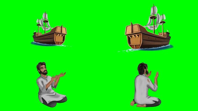Historical wooden sailing ships and faithful religious men praying today 2d animated cartoon on green screen chroma key background. high quality loop cycle vector illustration animation