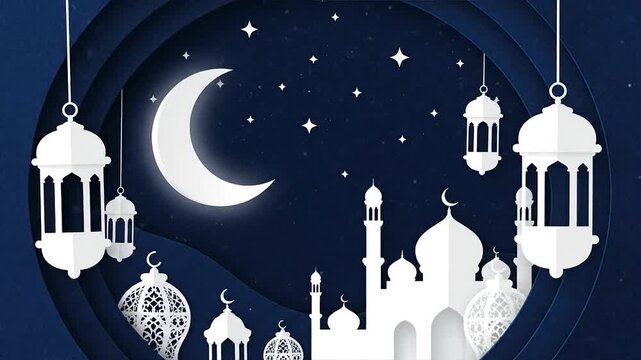 Ramadan Kareem Islamic Mosque Crescent Moon and Lanterns Night Sky Celebration.