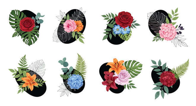 Floral Wreath Vector Icons, 8 Black Circle Frames, Colorful Flowers, Leaves, Graphic Design Elements