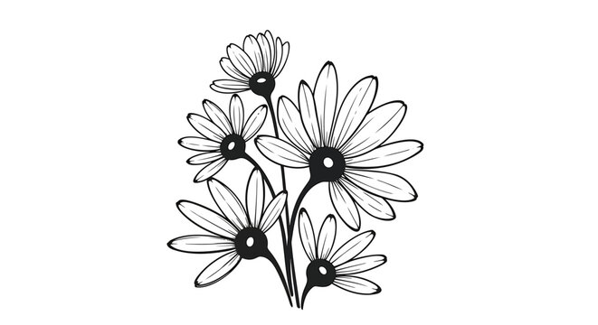 Black and white daisy flowers, floral illustration, line art bouquet, simple botanical drawing