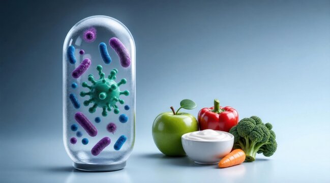 Microscopic view of bacteria and virus inside a capsule next to healthy food items like fruits and yogurt