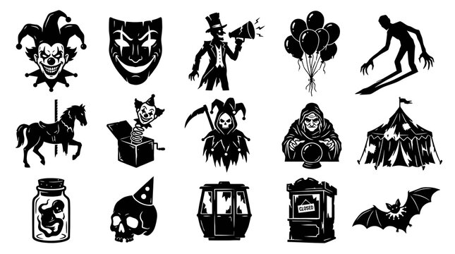 Horror Circus and Haunted Carnival Vector Icons Set - Creepy Halloween Monochrome Illustrations