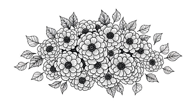 Floral bouquet, black and white flowers, line art illustration, vector graphic