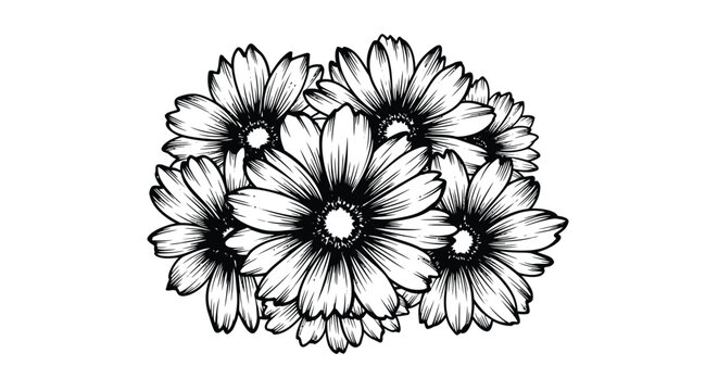 Floral, Black and White, Vector Flowers, Daisy Bouquet, Line Art, Illustration