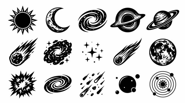 Monochrome Space  Astronomy Glyph Icons Set - Celestial Bodies, Planets, Galaxies, Comets Line Art Vector