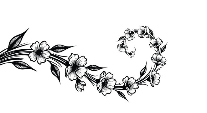 Floral, black and white, vector illustration, decorative border, flower wreath, line art