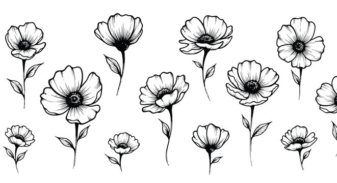 Black and white flower illustrations, floral vector set, line art blooms, botanical clip art