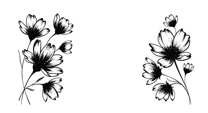 Black floral illustrations, flower bouquet designs, vector flowers, botanical art