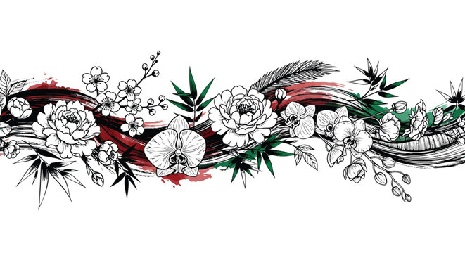 Floral border, black and white flowers, leafy wreath, red green accents, vector illustration