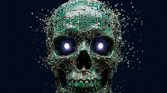 Cybernetic skull made of circuit boards and glowing blue eyes with cybernetic technology computer