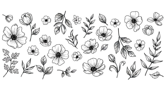Floral illustrations, black and white flowers, leafy botanicals, 25 line art elements