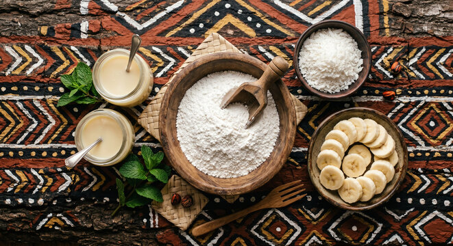 Cinematic flat lay of Tapioca Crepe ingredients on Amazonian painted bark