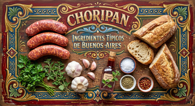 Hyper-realistic top down view of Choripan ingredients on Fileteado painted sign