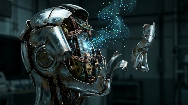 Close-up of a damaged metallic robot head with sparks and debris mechanical metallic futuristic automaton