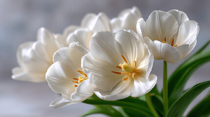 Obraz premium Closeup white tulip bouquet with soft petals and green leaves for spring floral wallpaper and wedding background design